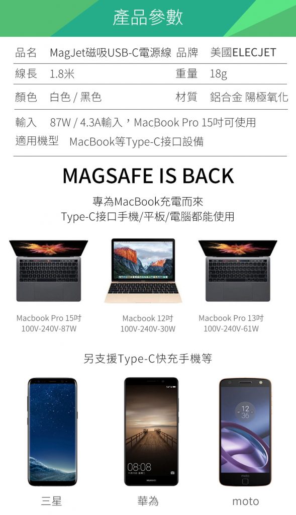 適用所有USB-C裝置、內置E-Mark晶片的磁吸充電線 - ELECJET USB-C 磁吸充電線 - E-Mark, ELECJET, htc u11, pd, powerdelivery, type-c, usb-c, 充電線, 快速充電, 磁吸充電線, 磁吸線, 磁吸線推薦 - 科技生活 - teXch